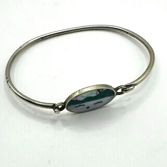 Alpaca Bracelet hooked Silver tone Beach Cloud Face Vintage Mother of Pearl - Picture 4 of 11